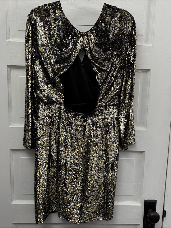 Parker Silk Sequin Mini Dress Gold Black Long Sleeve V Neck Party L - Picture 6 of 15